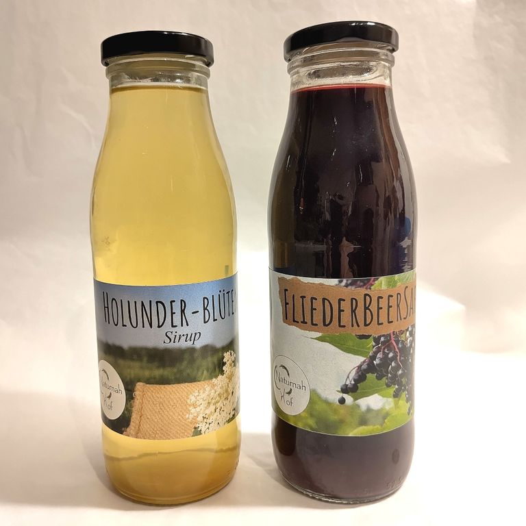 Holunderblütensirup und Holunderbeersaft aus eigener Ernte b. Lübeck; ohne Zusätze wie Konservierungsstoffe u. Geschmacksverstärker
